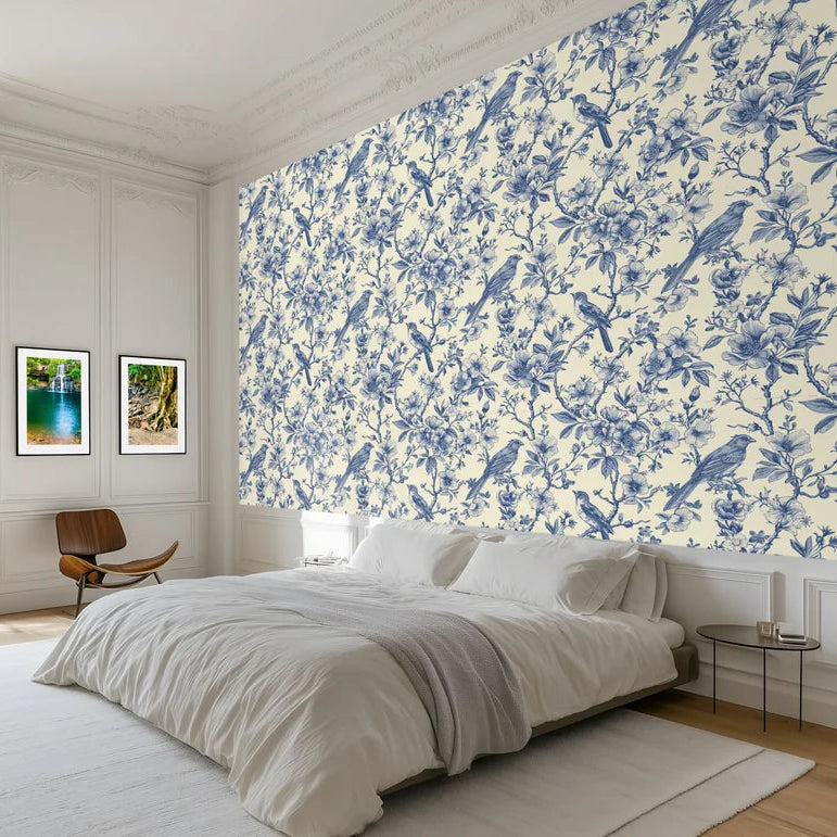 Smooth blue botanical songbird toile peel and stick wallpaper - Songbird Toile