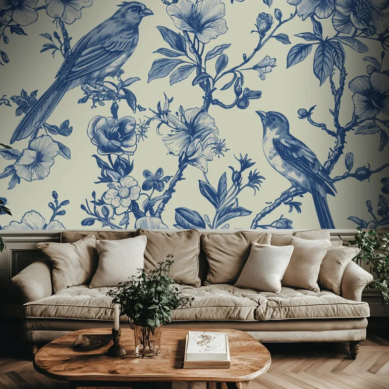 Smooth blue botanical songbird toile peel and stick wallpaper - Songbird Toile
