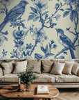 Smooth blue botanical songbird toile peel and stick wallpaper - Songbird Toile