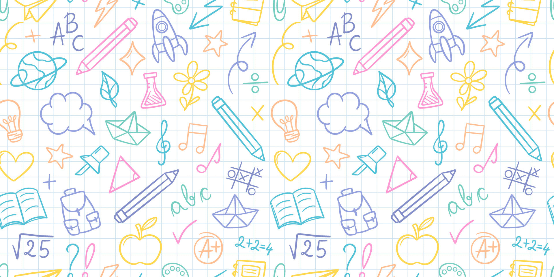 An intensely colored wallpaper display of hand-drawn science and school elements within a precise grid.