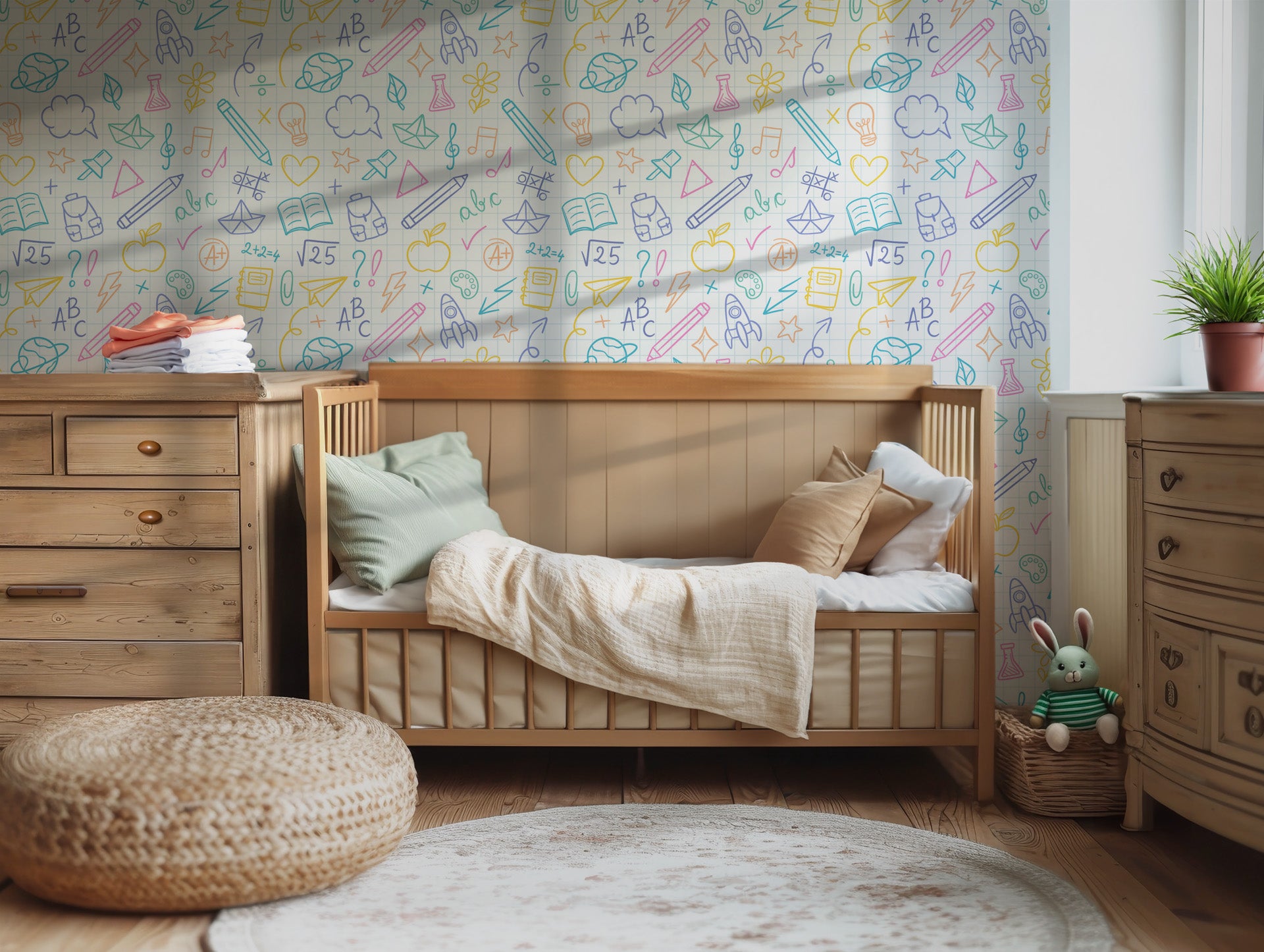 A bright grid pattern composed of colorful, hand-sketched education and STEM symbols wallpaper