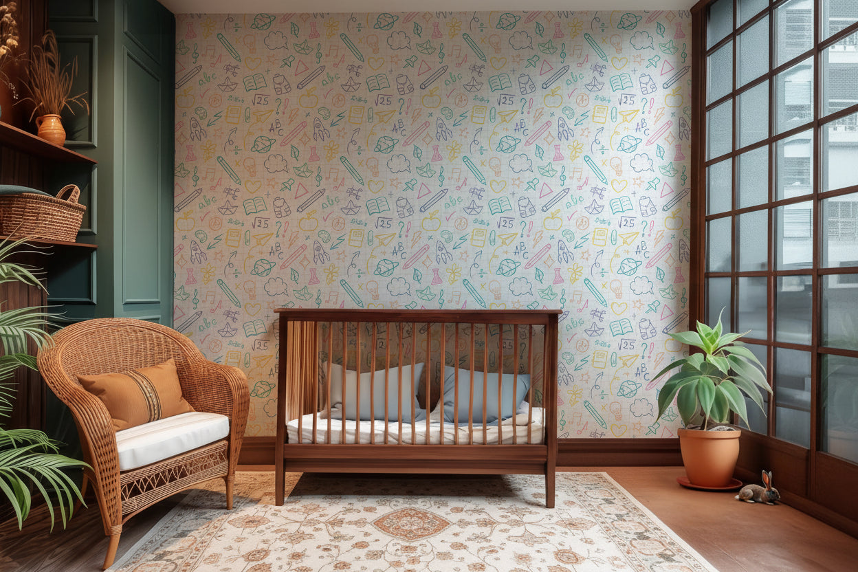 Vibrant, hand-drawn education and scientific icons arranged on a colorful grid wallpaper