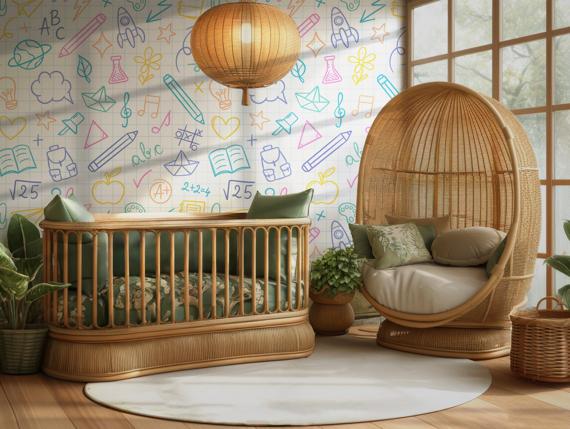 A lively background composed of doodle-style STEM and school icons set within a multi-hued tiled pattern wallpaper