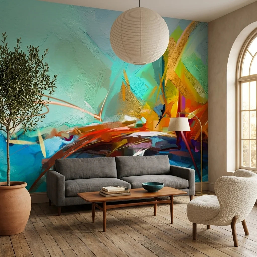 Canvas-like abstract turquoise and orange brushstroke peel and stick wallpaper - Spark & Sea