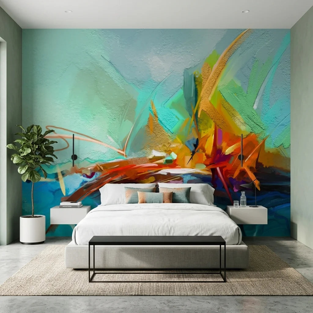 Spark & Sea vibrant abstract ocean wallpaper in a warm and inviting living room