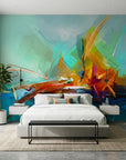 Spark & Sea vibrant abstract ocean wallpaper in a warm and inviting living room