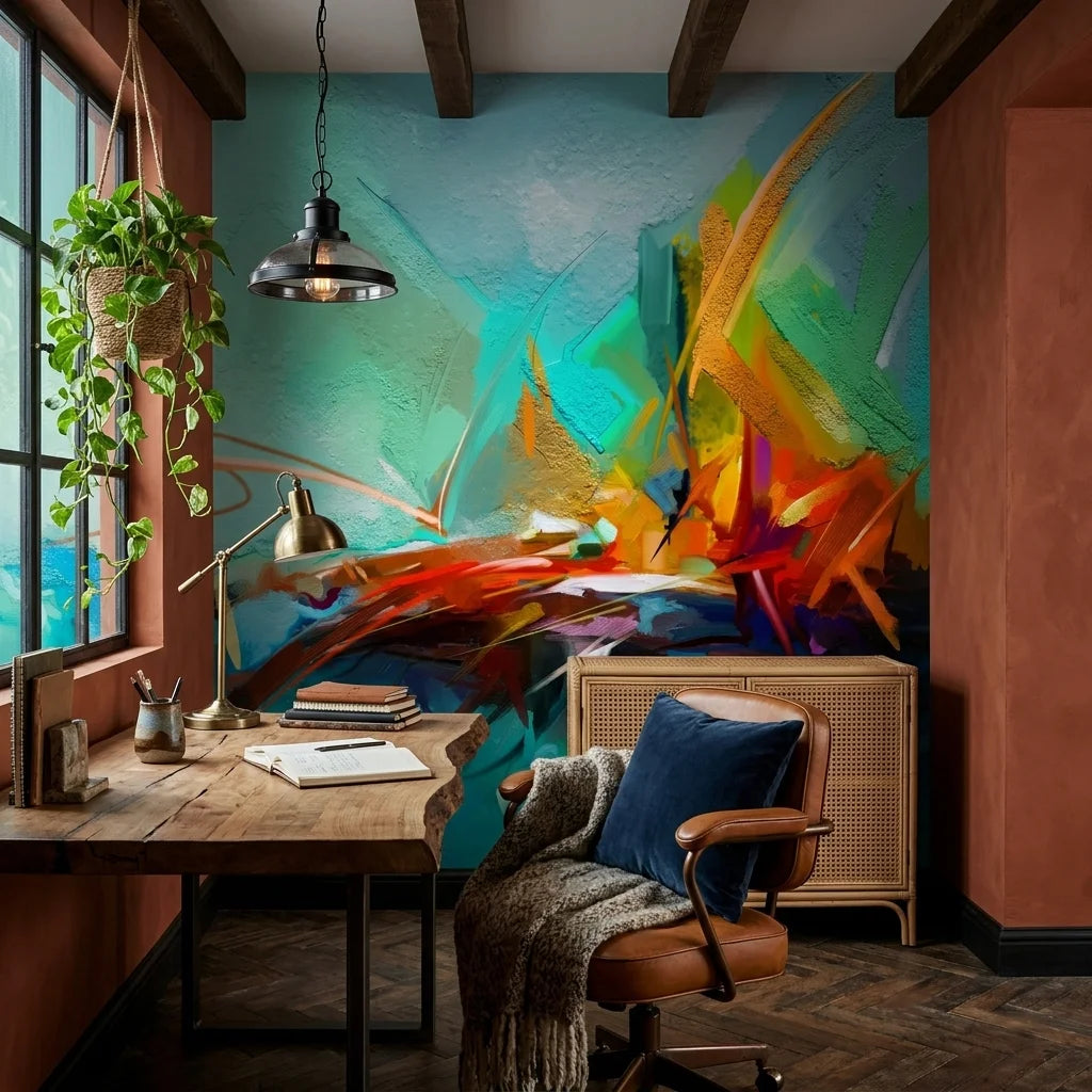Spark & Sea vibrant abstract ocean wallpaper adding character to a cozy bedroom