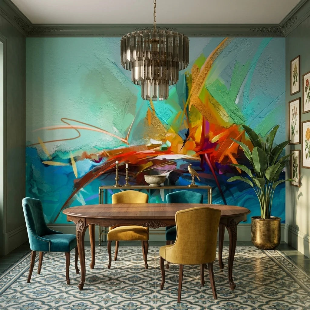 Spark & Sea vibrant abstract ocean wallpaper as a feature wall in a bright home office