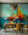 Spark & Sea vibrant abstract ocean wallpaper as a feature wall in a bright home office