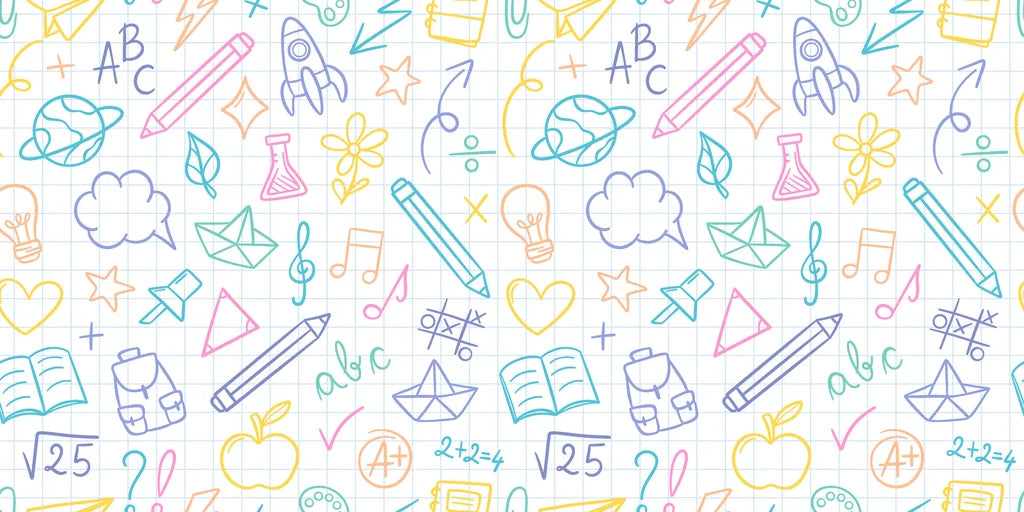 Colorful school supply doodle pattern grid peel and stick wallpaper -Spark Scribbles