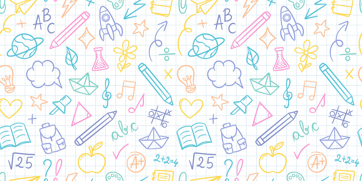 Colorful school supply doodle pattern grid peel and stick wallpaper -Spark Scribbles