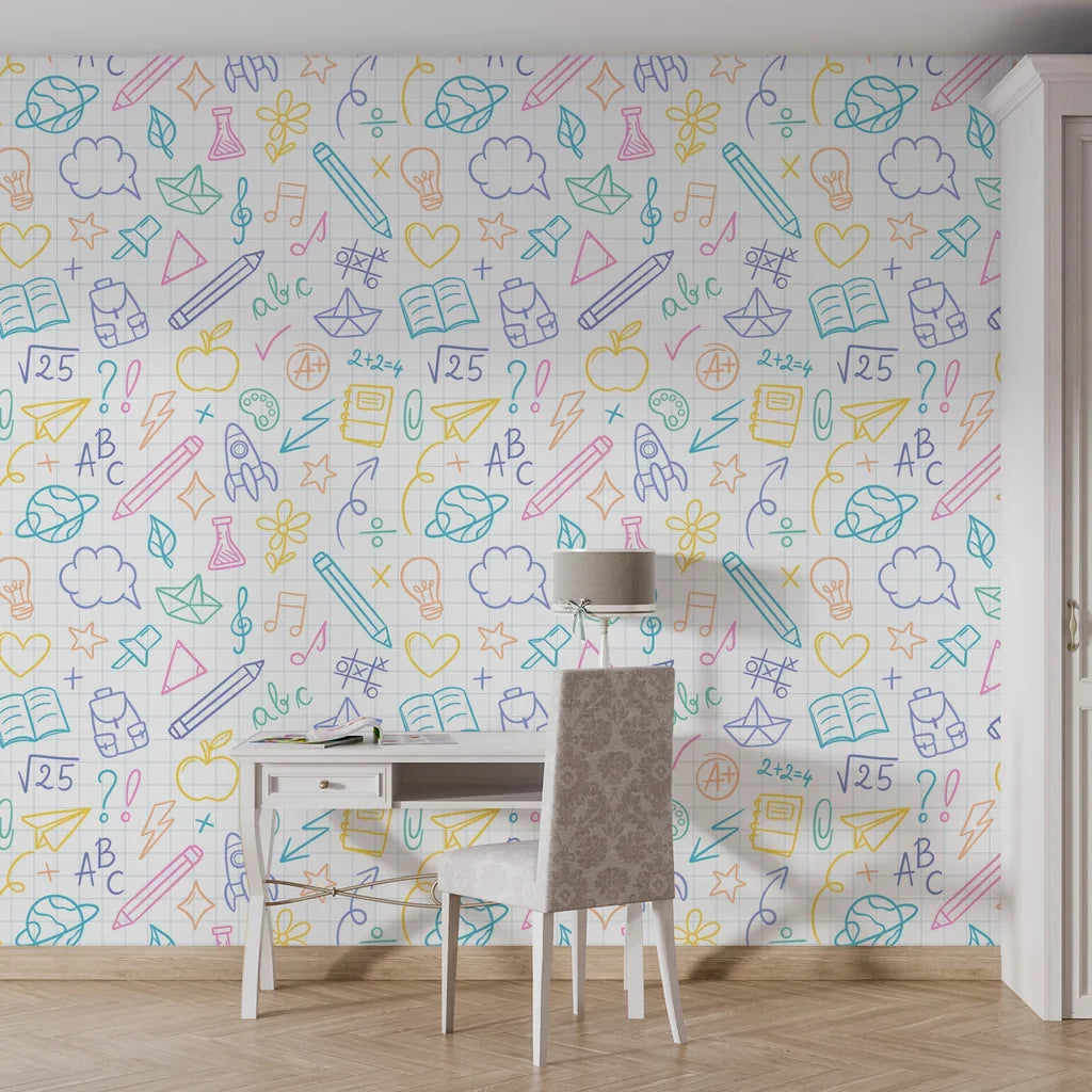 Hand-drawn school supply illustrations in a vibrant grid layout self-adhesive wallpaper - Spark Scribbles