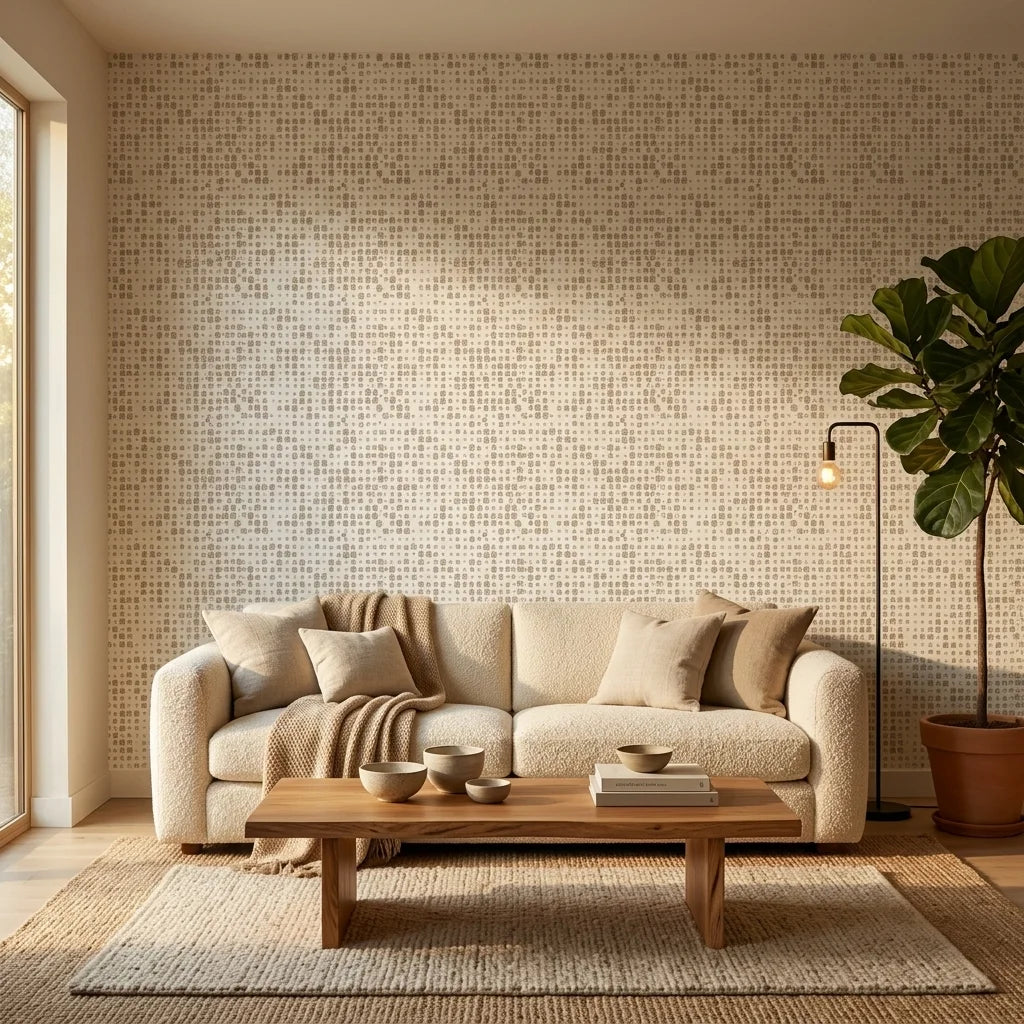 Speckled Calm neutral dot pattern wallpaper in a warm and inviting living room