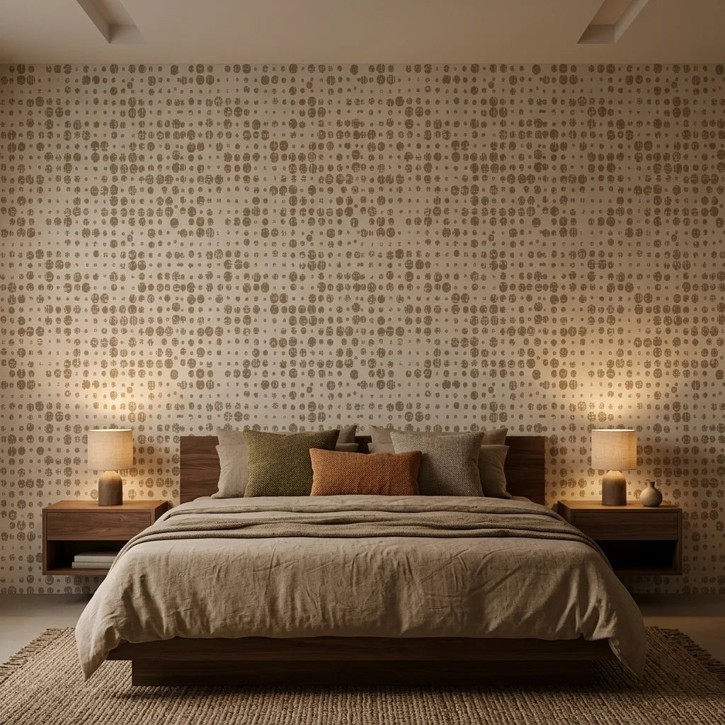 Speckled Calm neutral dot pattern wallpaper adding character to a cozy bedroom