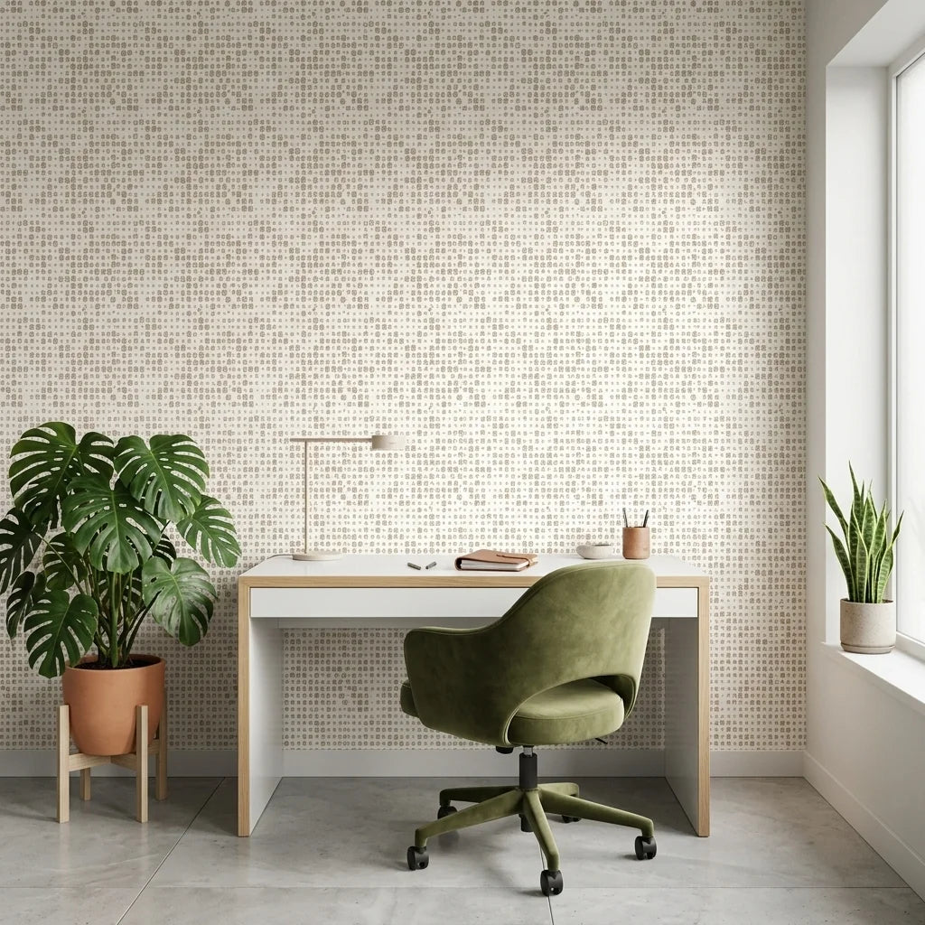 Speckled Calm neutral dot pattern wallpaper as a feature wall in a bright home office