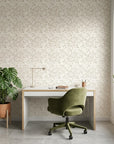 Speckled Calm neutral dot pattern wallpaper as a feature wall in a bright home office