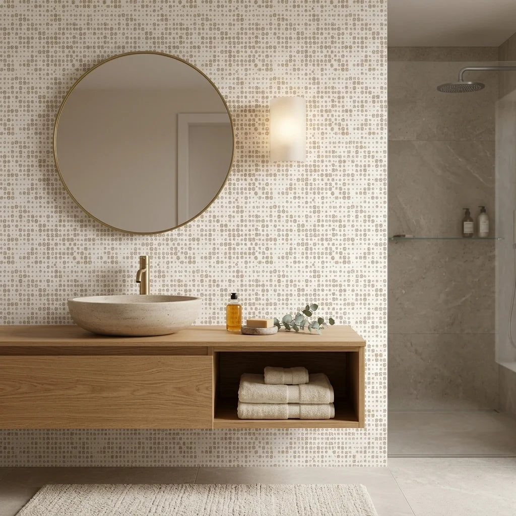 Speckled Calm neutral dot pattern wallpaper creating ambiance in a serene bathroom
