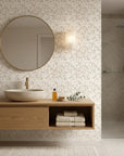 Speckled Calm neutral dot pattern wallpaper creating ambiance in a serene bathroom