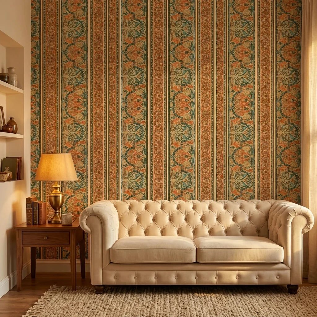 Spice Bazaar ornate orange and teal damask wallpaper creating ambiance in a serene bathroom