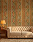 Spice Bazaar ornate orange and teal damask wallpaper creating ambiance in a serene bathroom