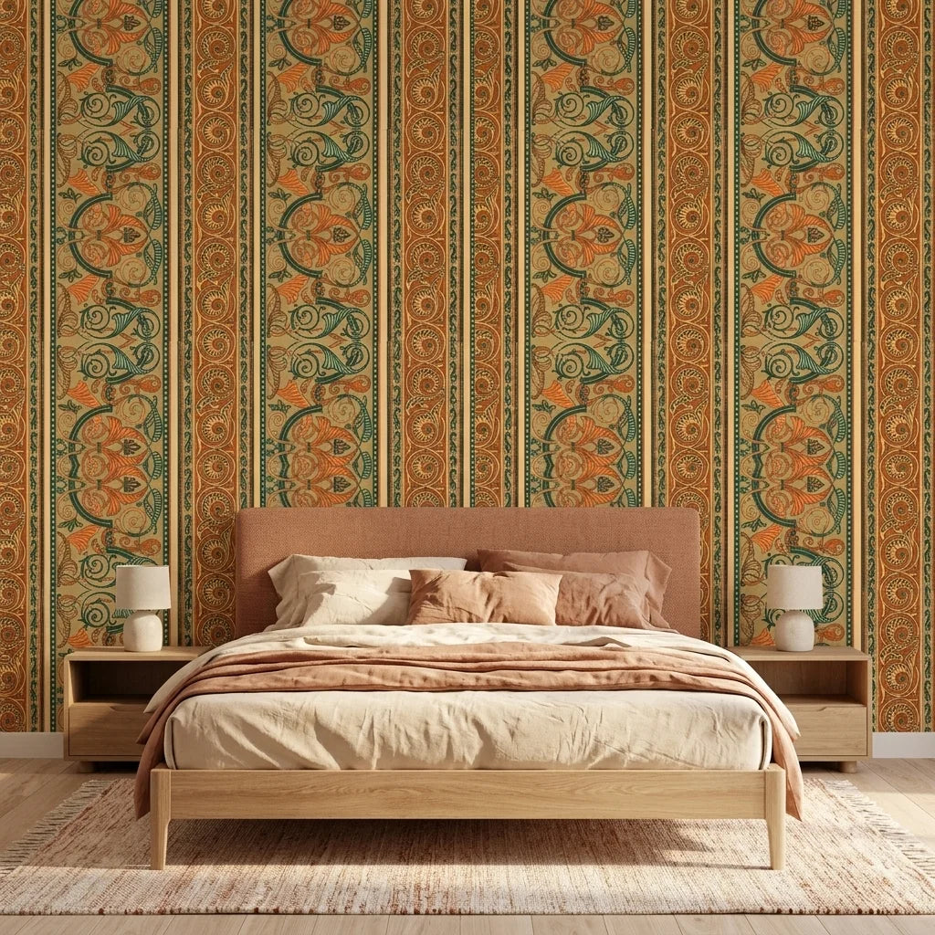Spice Bazaar ornate orange and teal damask wallpaper in a warm and inviting living room