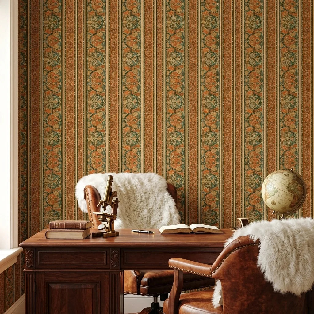 Spice Bazaar ornate orange and teal damask wallpaper adding character to a cozy bedroom