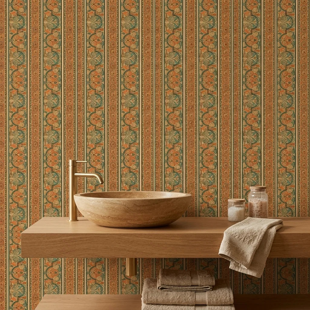 Spice Bazaar ornate orange and teal damask wallpaper as a feature wall in a bright home office