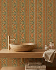 Spice Bazaar ornate orange and teal damask wallpaper as a feature wall in a bright home office