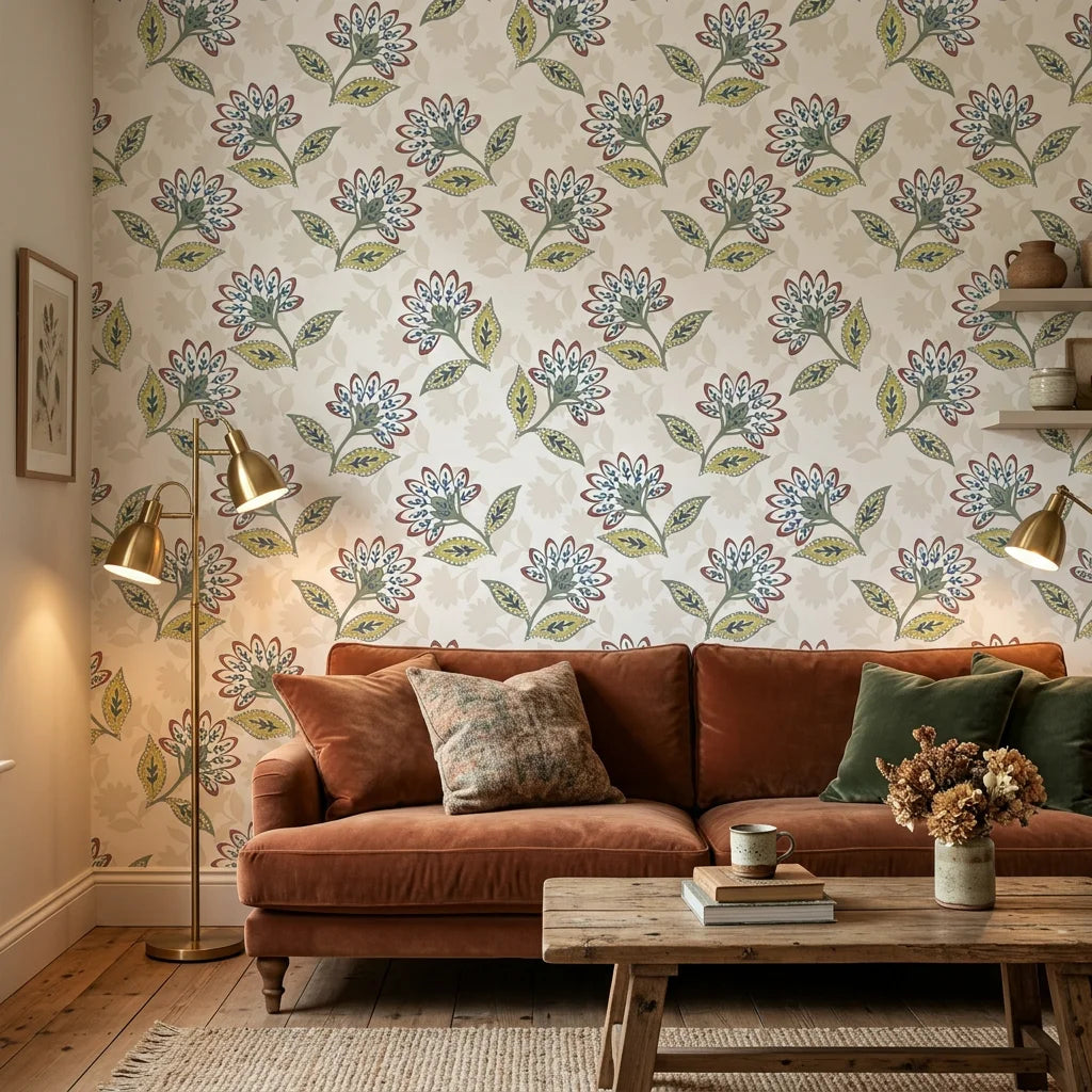Smooth folk botanical floral sprig peel and stick wallpaper - Spice Garden in a warm living room