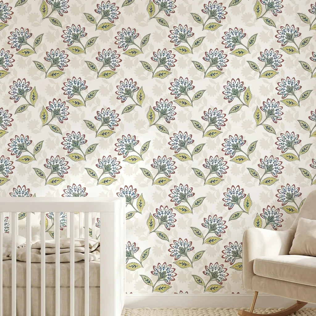 Smooth folk botanical floral sprig peel and stick wallpaper - Spice Garden adding character to a bedroom