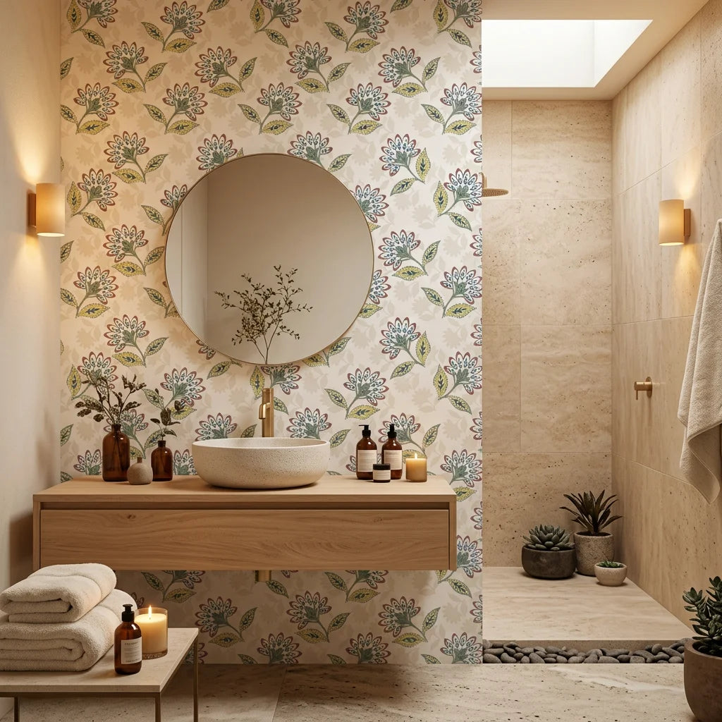 Smooth folk botanical floral sprig peel and stick wallpaper - Spice Garden as a feature wall in an office