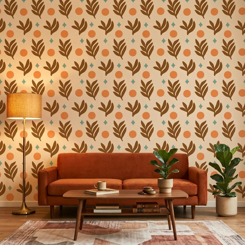 Spice &amp; Frond warm terracotta leaf in a warm and inviting living room