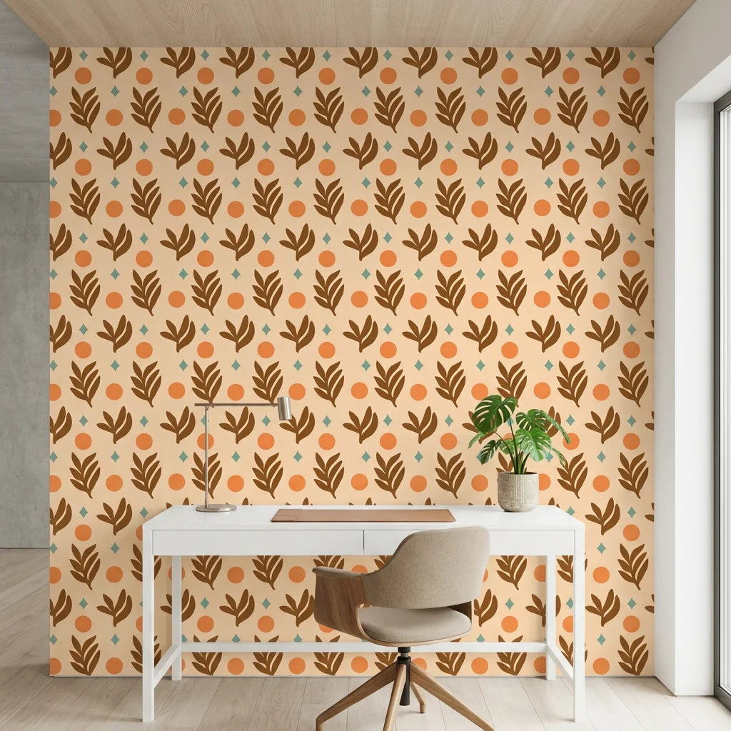 Spice &amp; Frond warm terracotta leaf as a feature wall in a bright home office