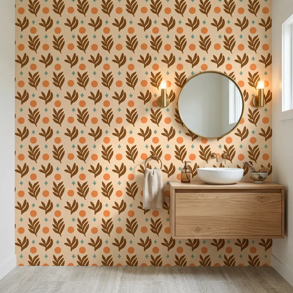 Spice &amp; Frond warm terracotta leaf creating ambiance in a serene bathroom