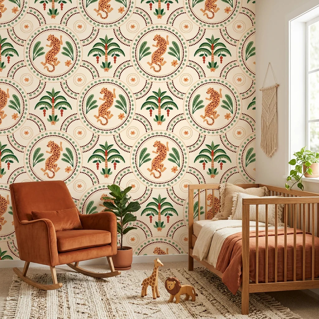 Spotted Bloom polka dot flower wallpaper in a warm and inviting living room