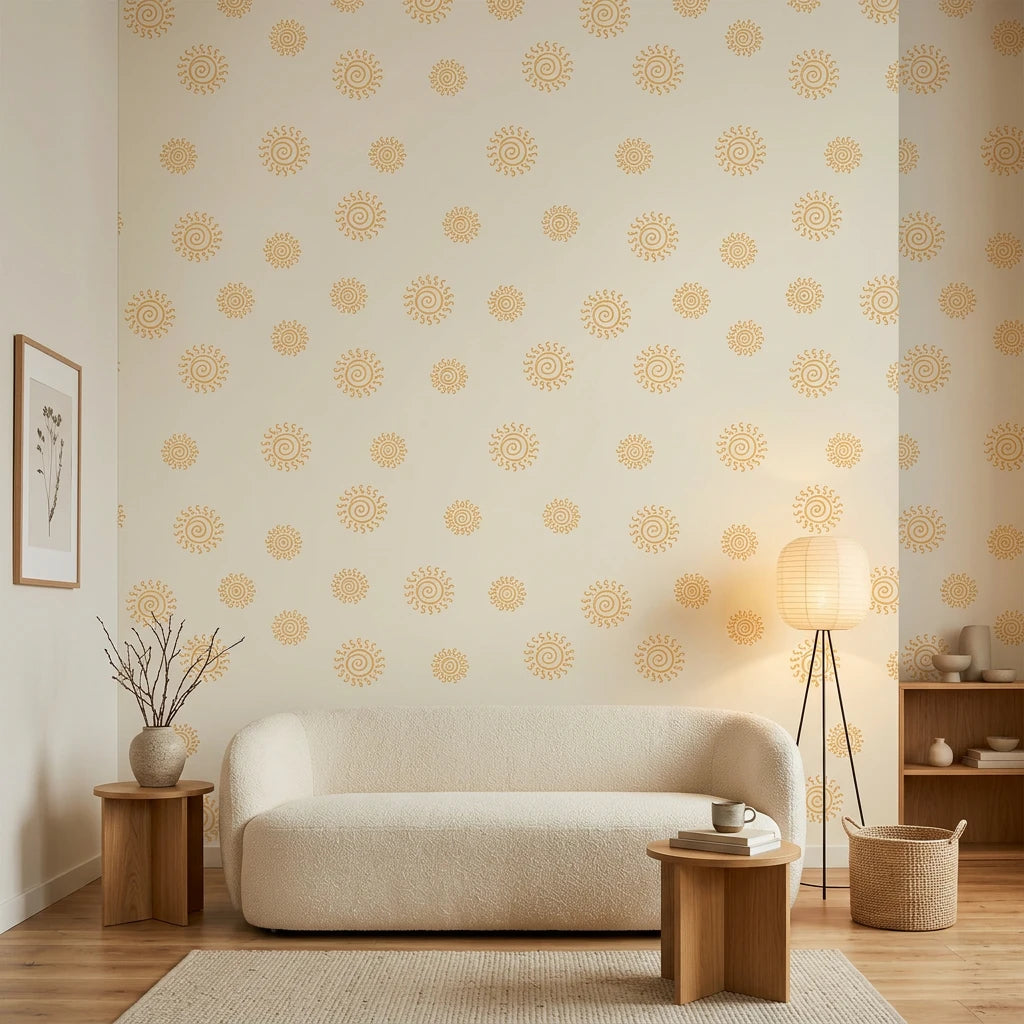 Spun Gold golden sun spiral wallpaper in a warm and inviting living room