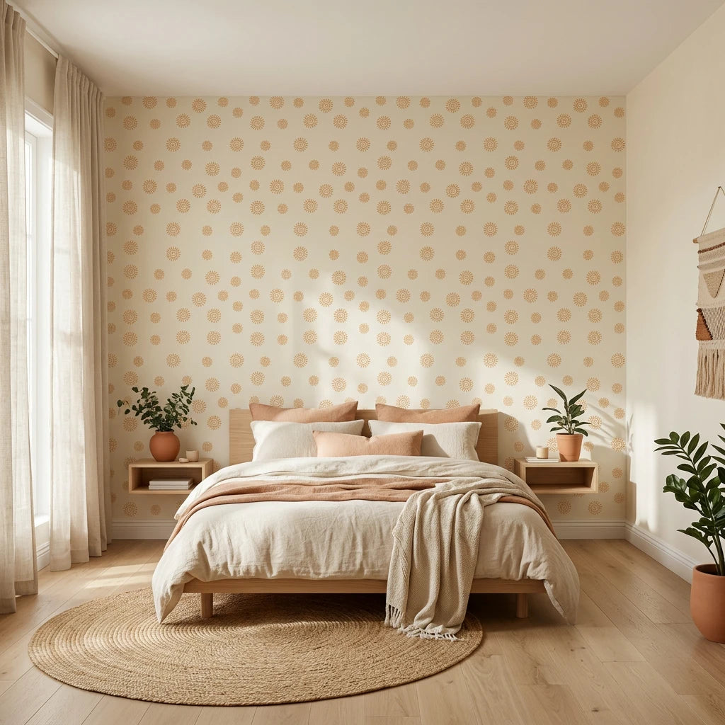 Spun Gold golden sun spiral wallpaper adding character to a cozy bedroom
