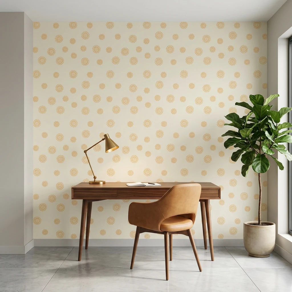 Spun Gold golden sun spiral wallpaper as a feature wall in a bright home office