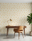 Spun Gold golden sun spiral wallpaper as a feature wall in a bright home office