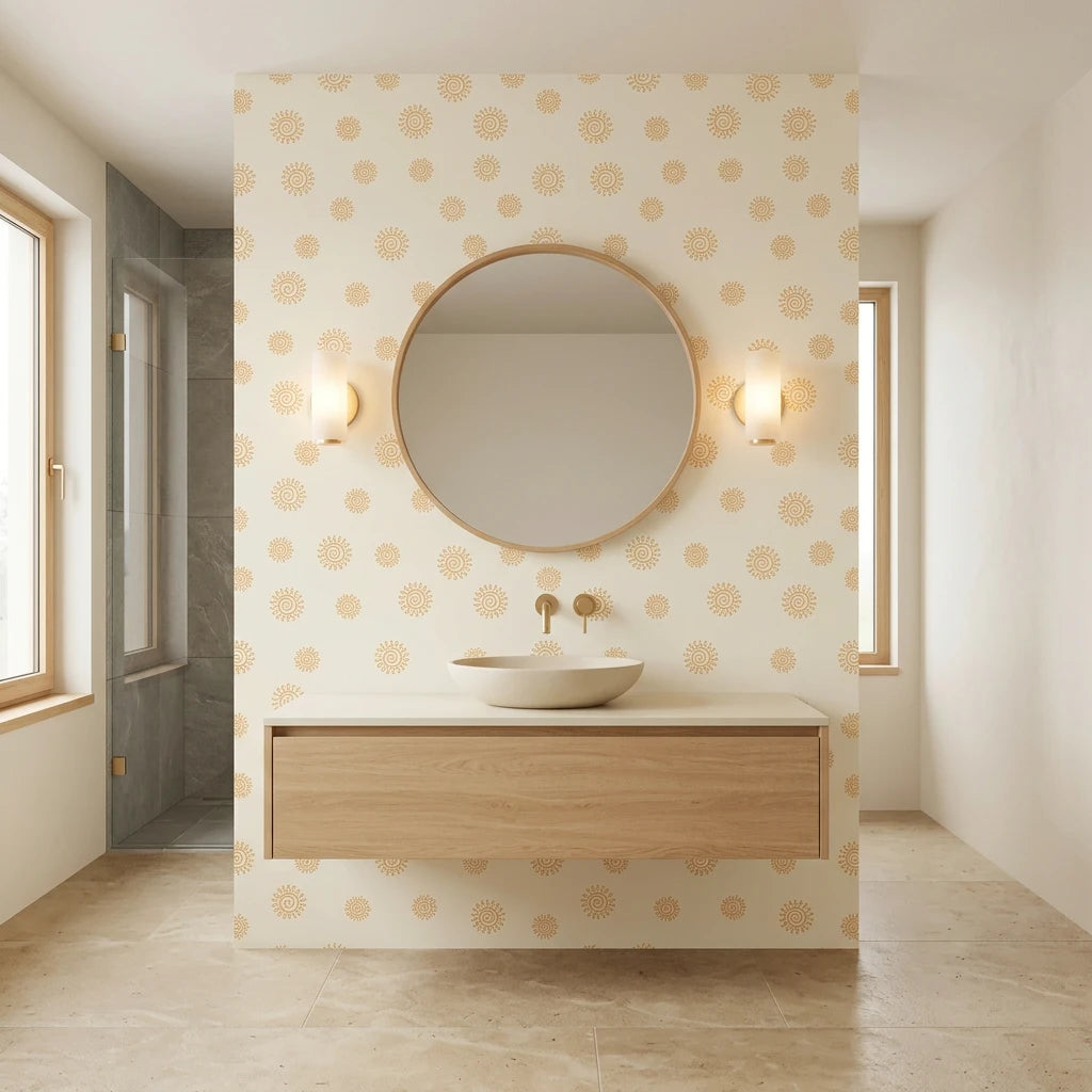 Spun Gold golden sun spiral wallpaper creating ambiance in a serene bathroom