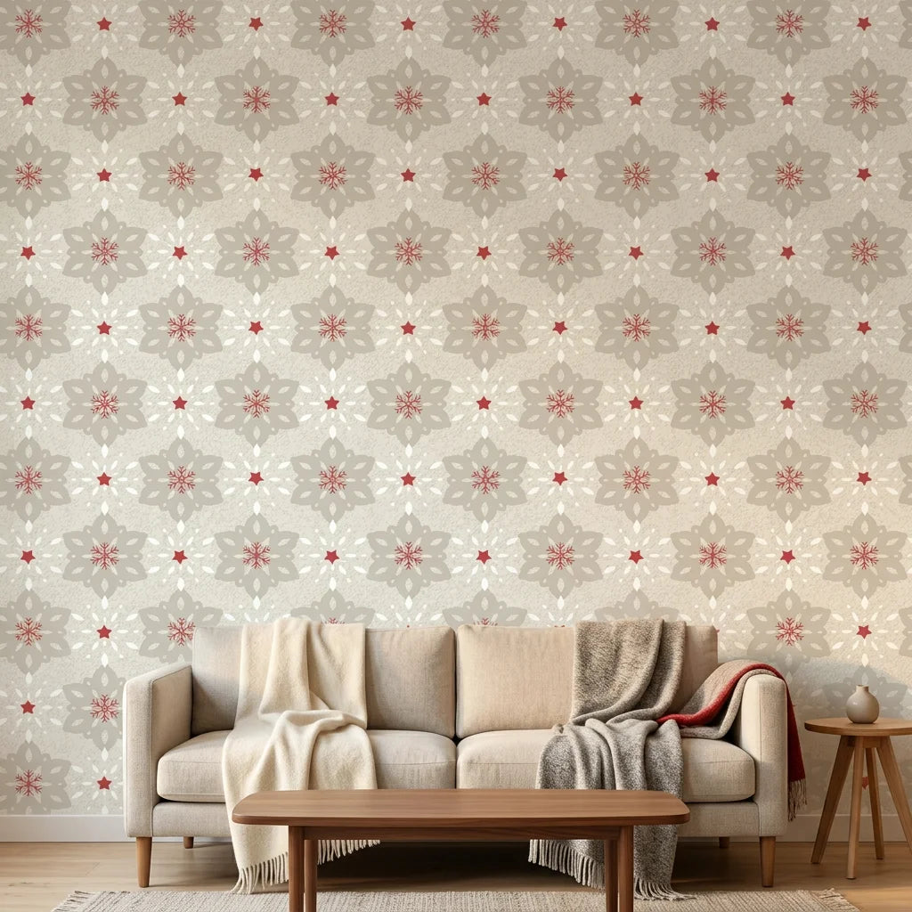Textured linen Nordic snowflake medallion peel and stick wallpaper - Star Petal