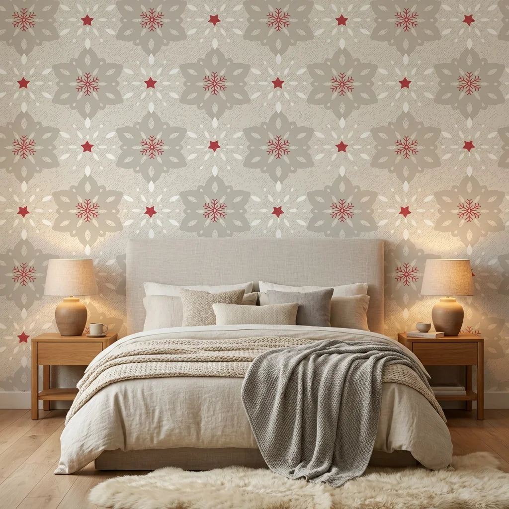 Textured linen Nordic snowflake medallion peel and stick wallpaper - Star Petal in a warm living room