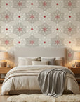 Textured linen Nordic snowflake medallion peel and stick wallpaper - Star Petal in a warm living room