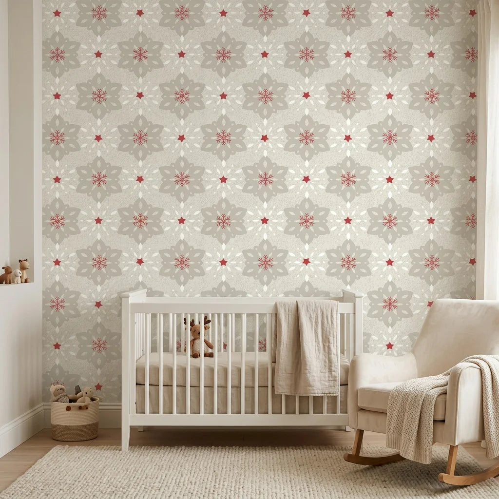 Textured linen Nordic snowflake medallion peel and stick wallpaper - Star Petal adding character to a bedroom