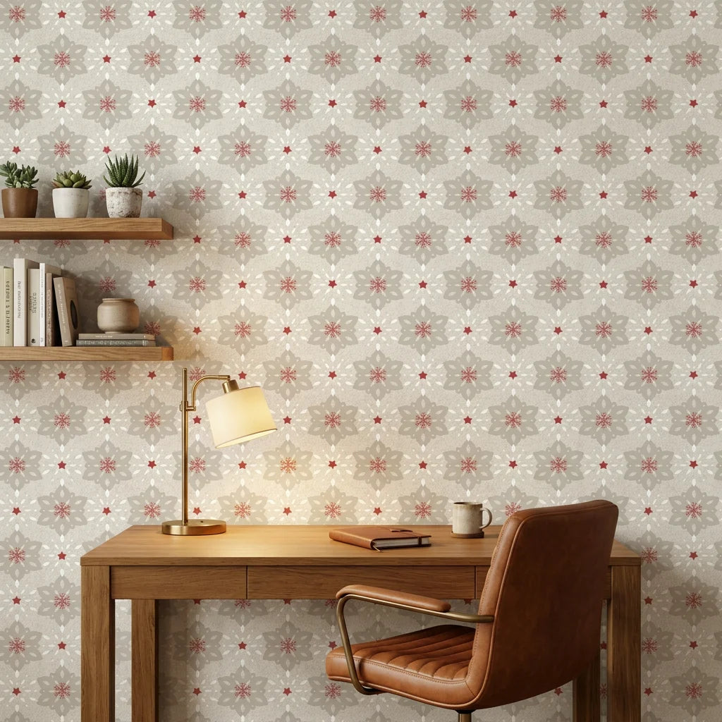 Textured linen Nordic snowflake medallion peel and stick wallpaper - Star Petal as a feature wall in an office