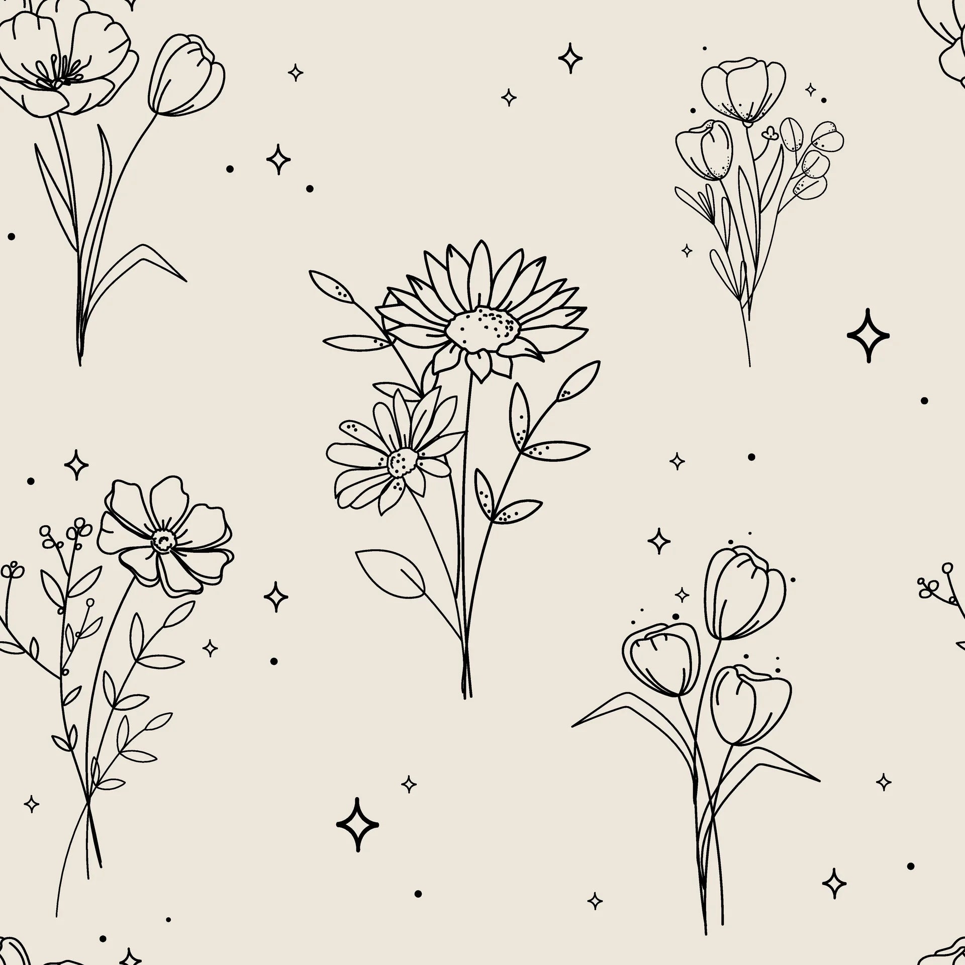 Matte black line art floral peel and stick wallpaper on ivory - Star &amp; Petal