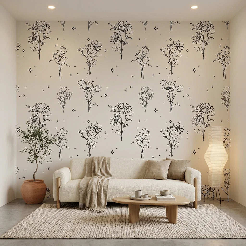Star &amp; Petal elegant line art floral in a warm and inviting living room