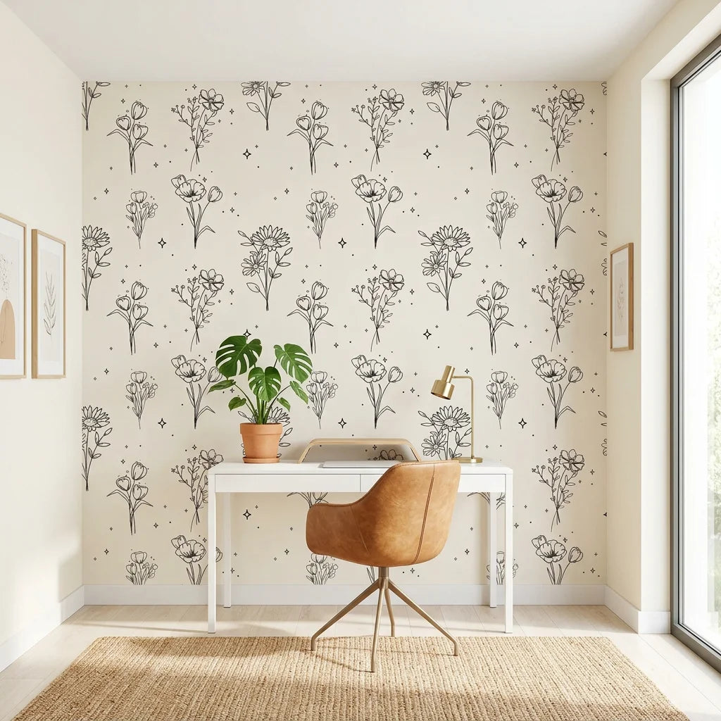 Star &amp; Petal elegant line art floral as a feature wall in a bright home office