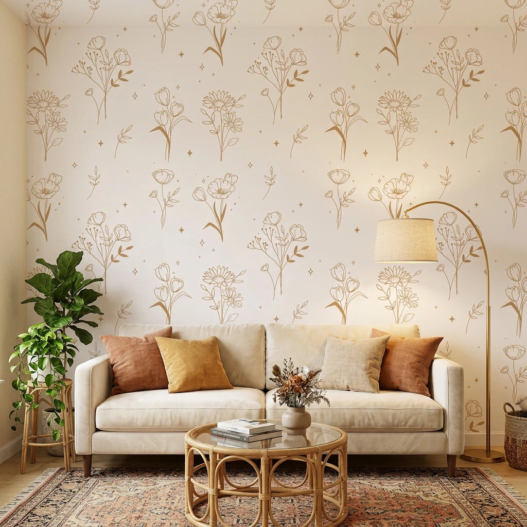 Stardust Field golden botanical wildflower wallpaper in a warm and inviting living room