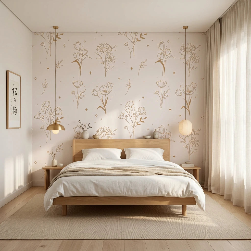 Stardust Field golden botanical wildflower wallpaper adding character to a cozy bedroom